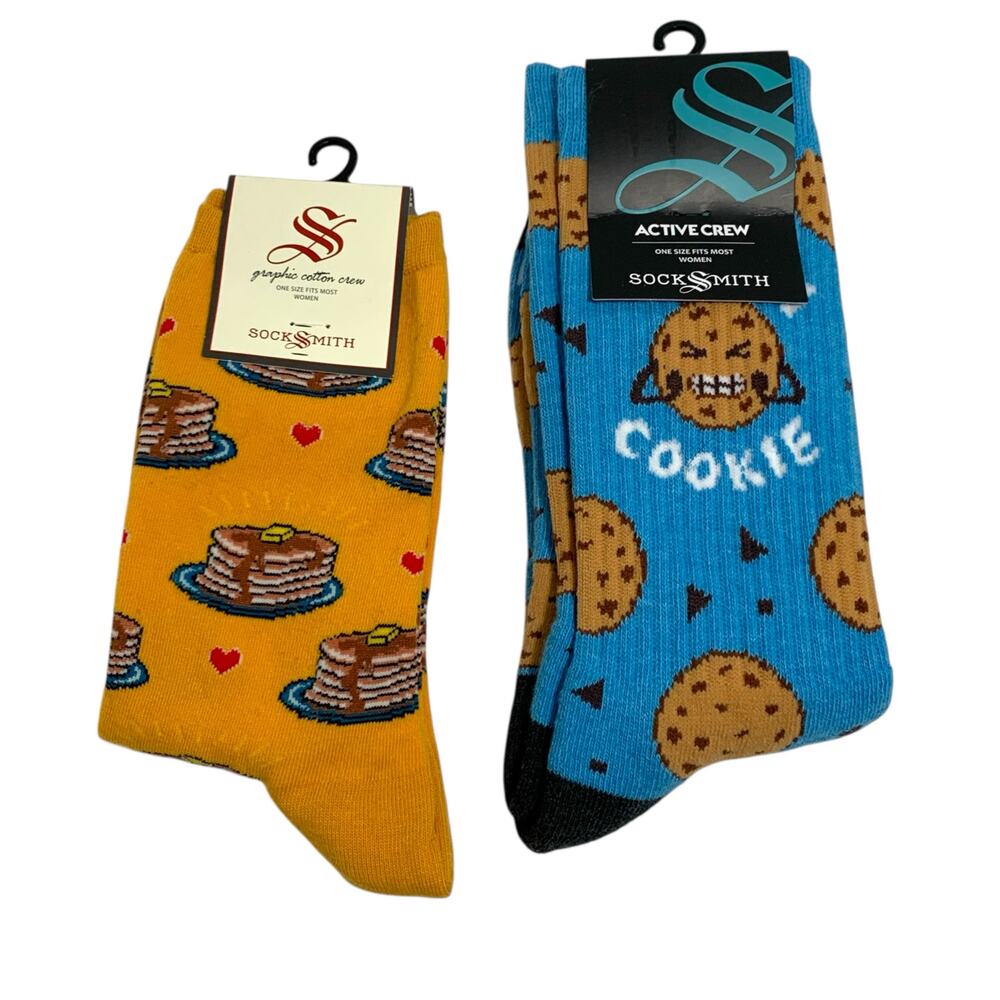 Sock Smith OS NEW Novelty Crew Socks Cookie Pancakes Blue Gold Womens